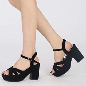 WSKEISP - BLACK PLATFORM OPEN-TOE STRAPPY SANDAL PUMP